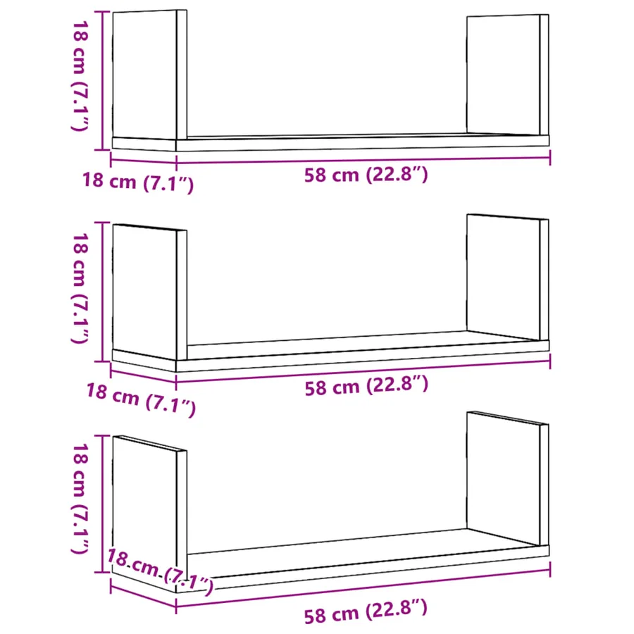 Étagères murales 3pcs chêne marron 58x18x18cm bois d'ingénierie - 10