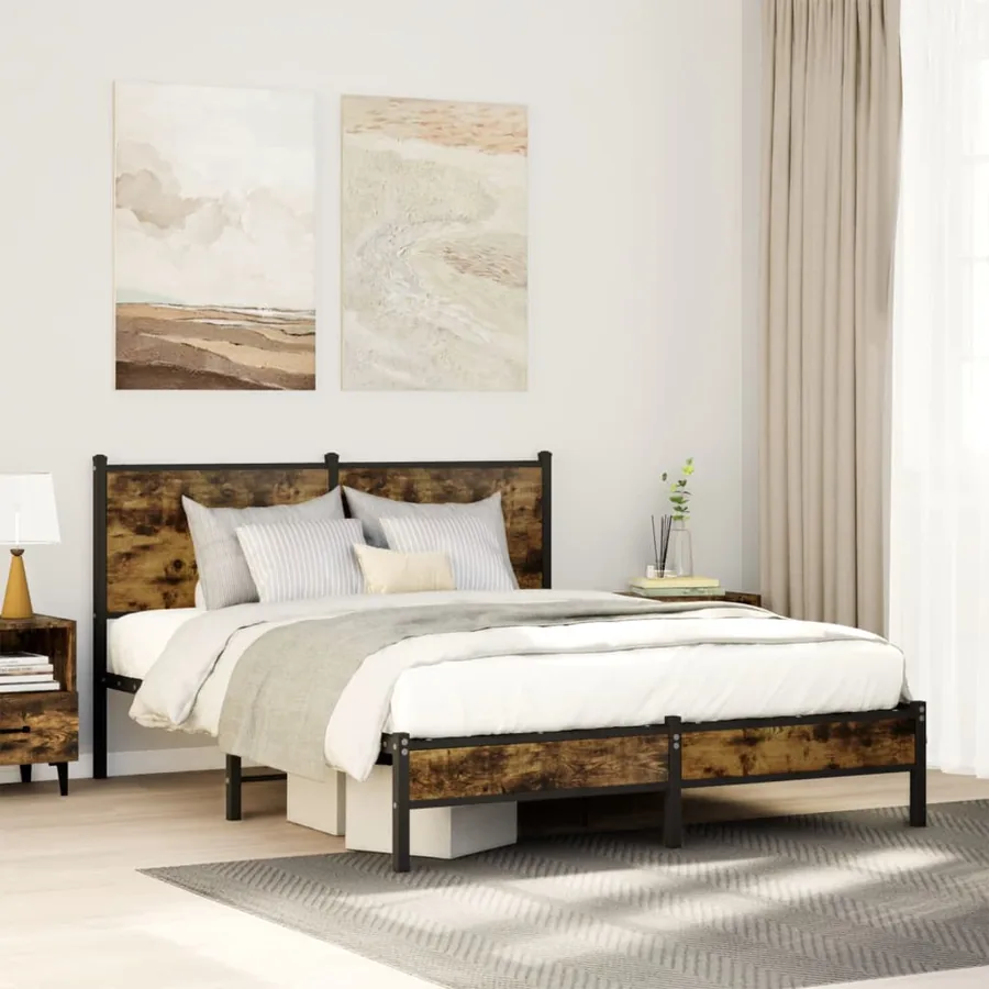Cadre de lit en métal sans matelas chêne fumé 137x190 cm