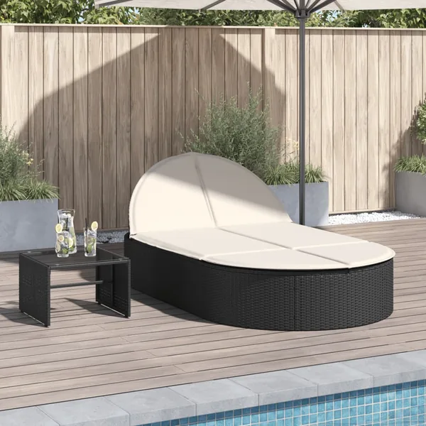 Chaise longue double avec coussins noir résine tressée