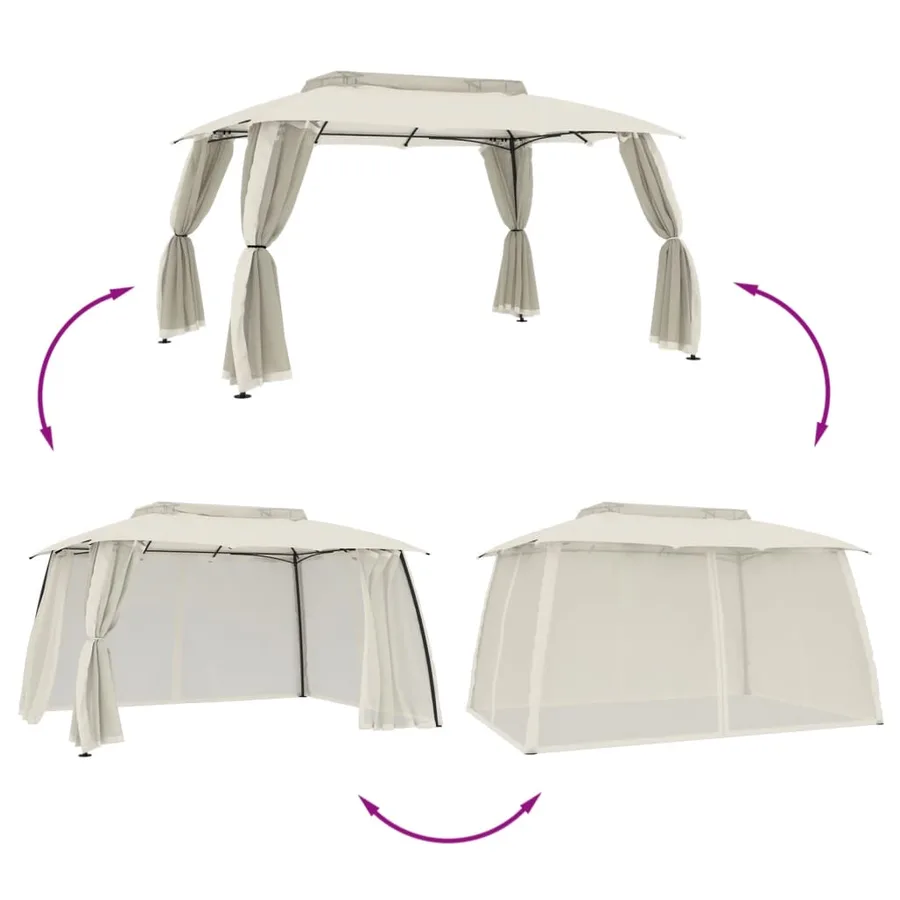 Tonnelle avec double toit et parois en filet crème acier - 6