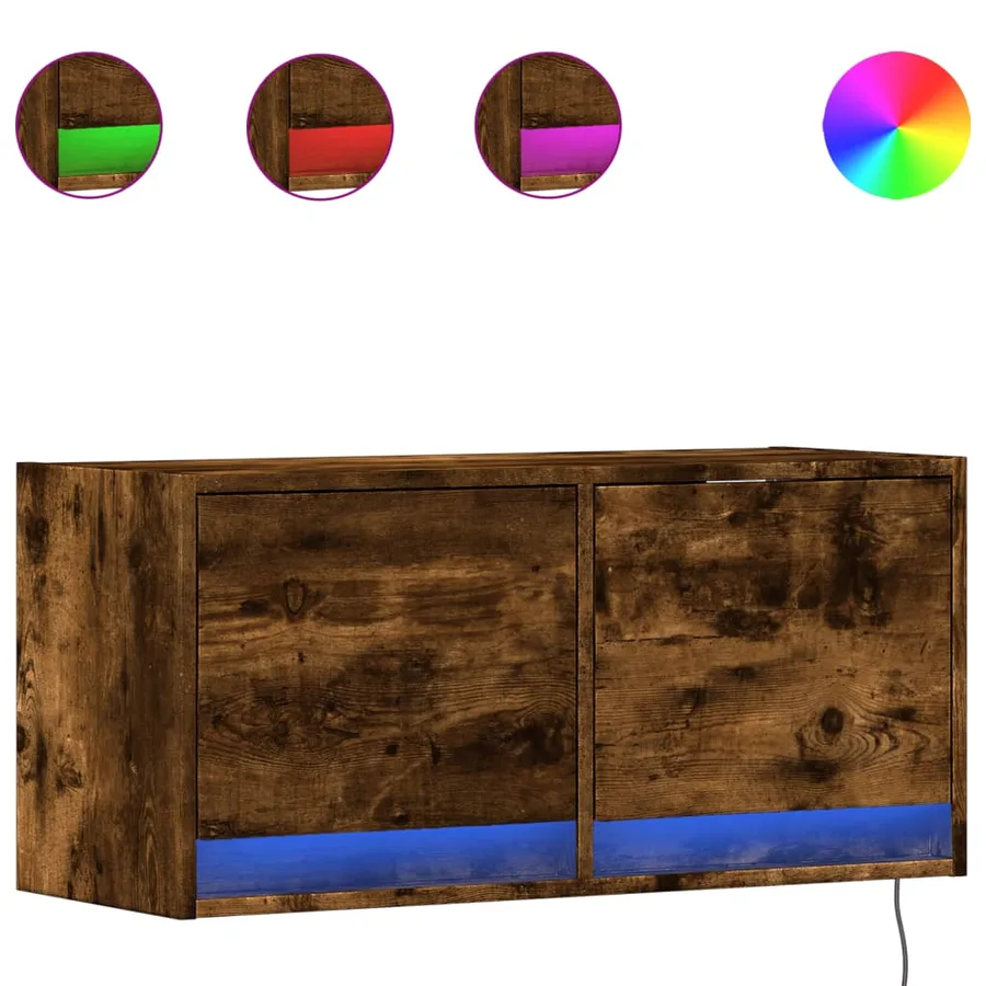Meuble TV mural avec lumières LED chêne fumé 80x31x35 cm - 2