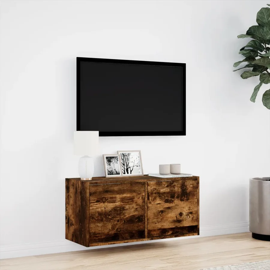 Meuble TV mural avec lumières LED chêne fumé 80x31x35 cm - 4