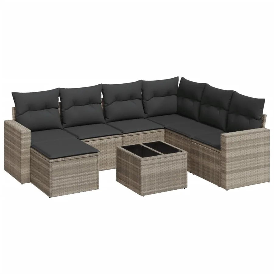 Salon de jardin 8 pcs avec coussins gris clair résine tressée - 2