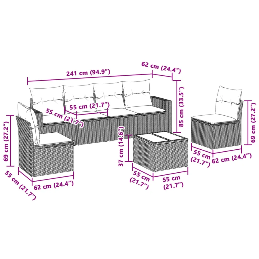 Salon de jardin avec coussins 7 pcs gris clair résine tressée - 3