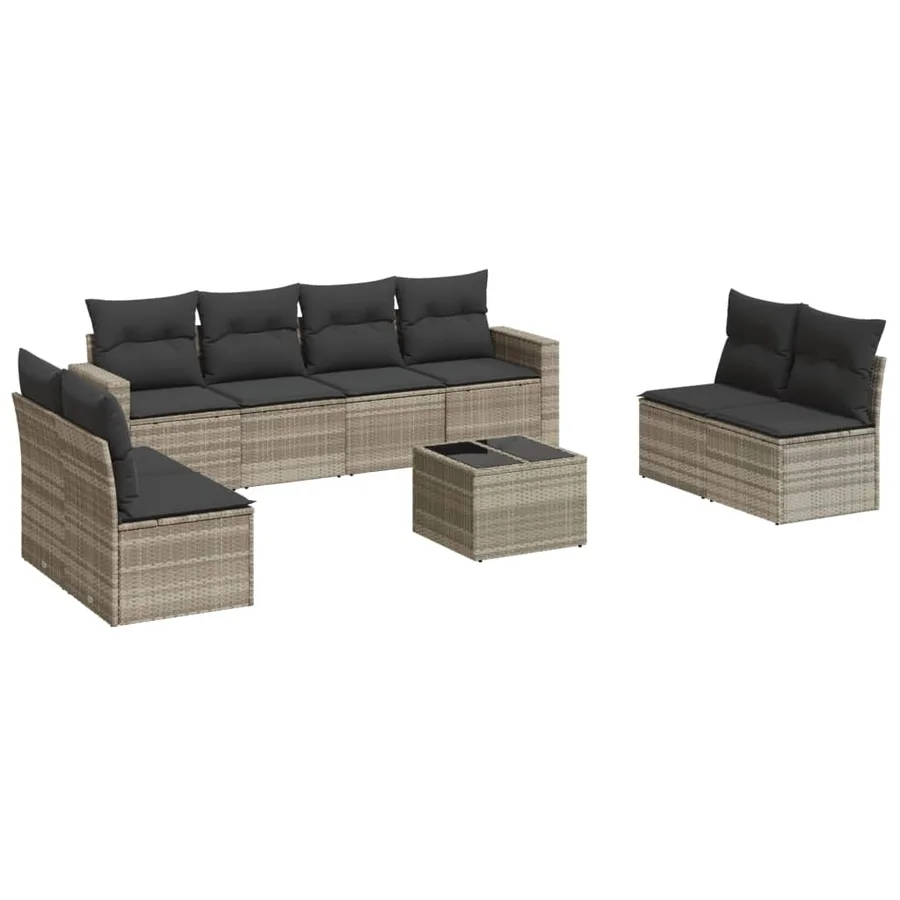Salon de jardin 9 pcs avec coussins gris clair résine tressée - 2