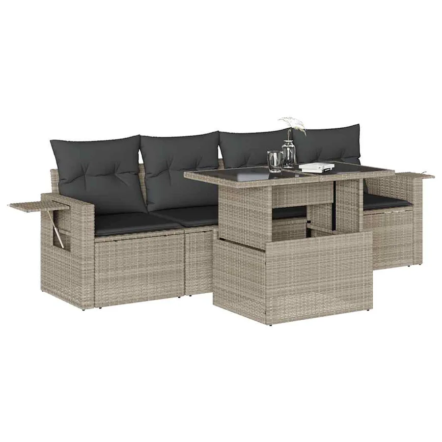 Salon de jardin 5 pcs avec coussins gris clair résine tressée - 2
