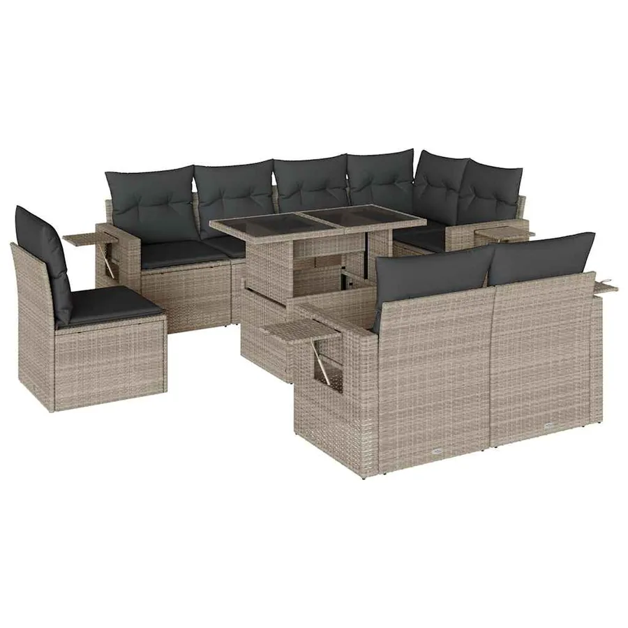 Salon de jardin 9 pcs avec coussins gris clair résine tressée - 2