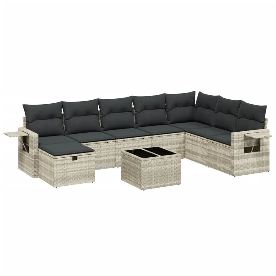 Salon de jardin 9 pcs avec coussins gris clair résine tressée - 2