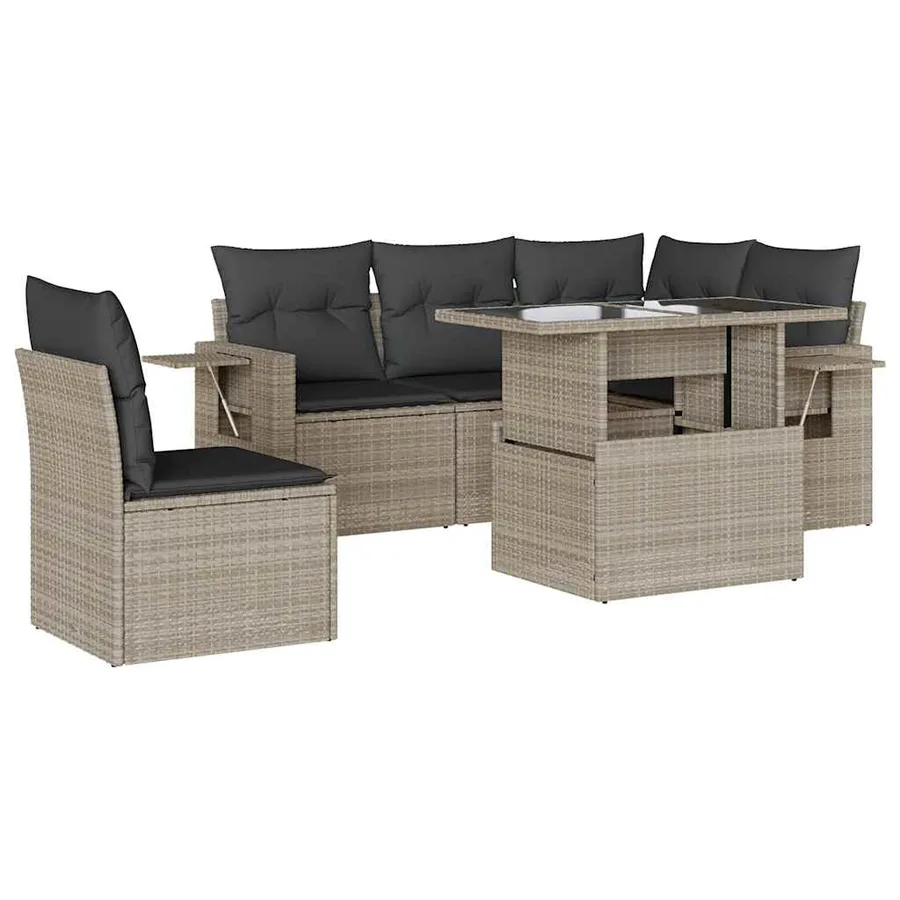 Salon de jardin 6 pcs avec coussins gris clair résine tressée - 2
