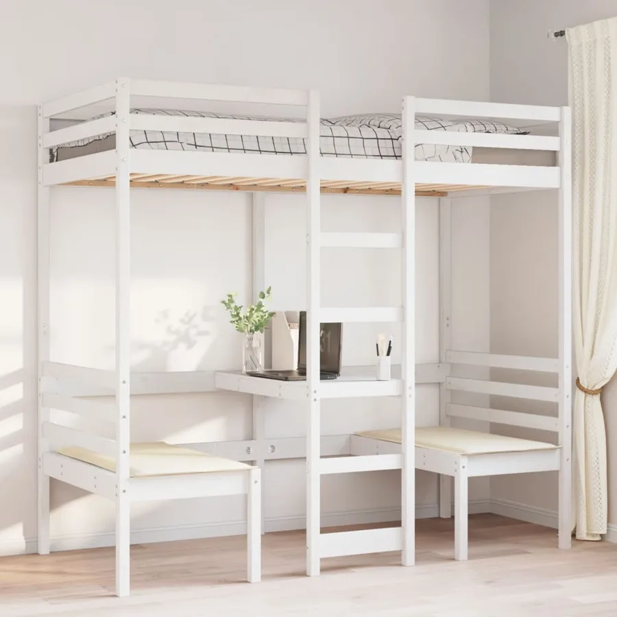 Lit mezzanine avec bureau et chaises blanc 80x200 cm pin massif - 3