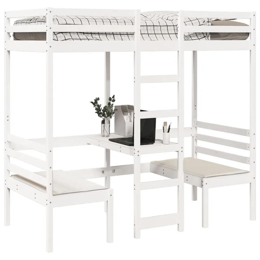 Lit mezzanine avec bureau et chaises blanc 80x200 cm pin massif - 4