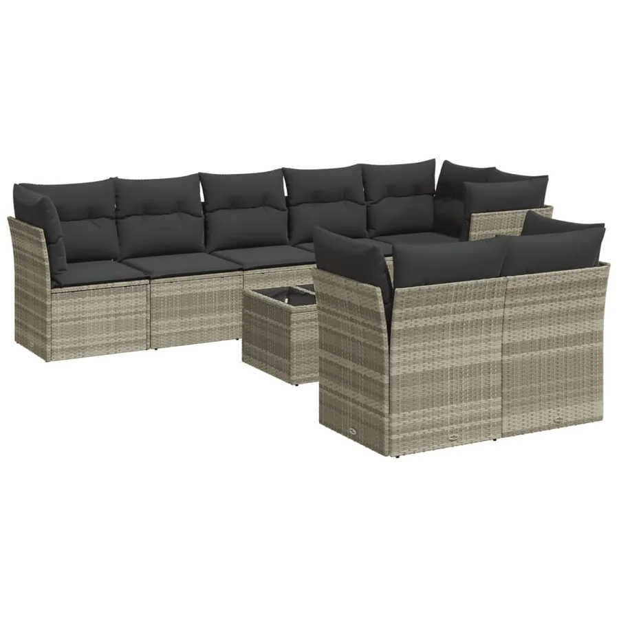 Salon de jardin 9 pcs avec coussins gris clair résine tressée - 2