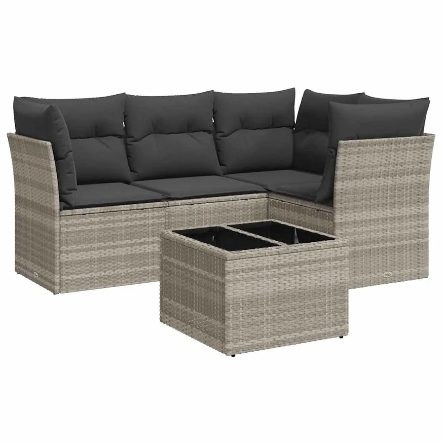 Salon de jardin 5 pcs avec coussins gris clair résine tressée - 2