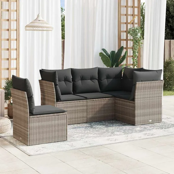 Salon de jardin 5 pcs avec coussins gris clair résine tressée