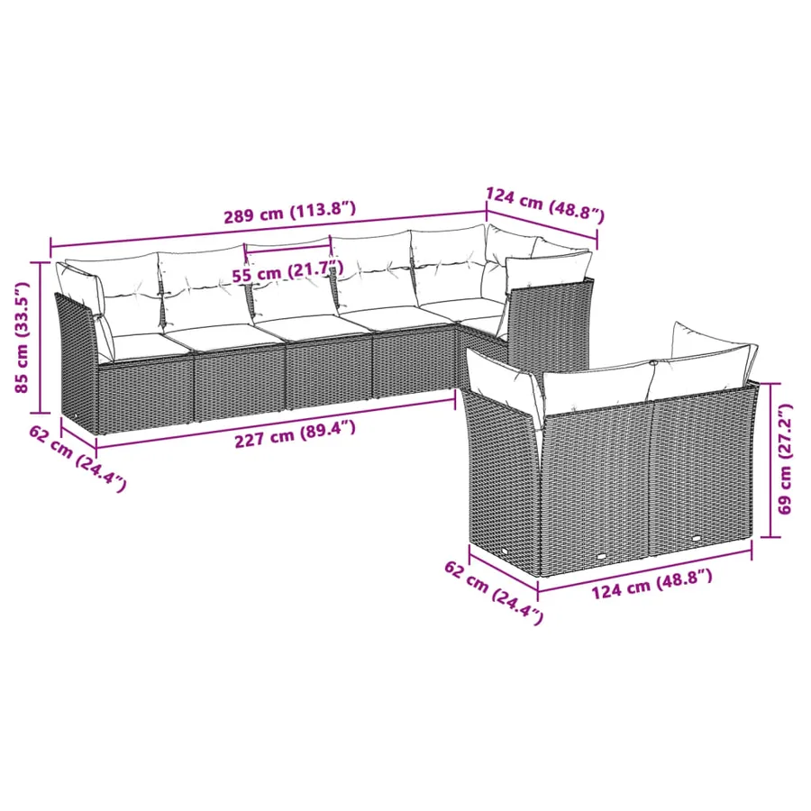 Salon de jardin 8 pcs avec coussins gris clair résine tressée - 3