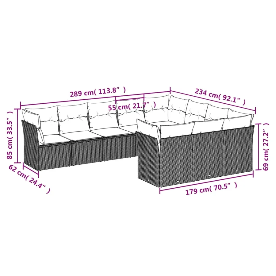 Salon de jardin avec coussins 10 pcs gris clair résine tressée - 3