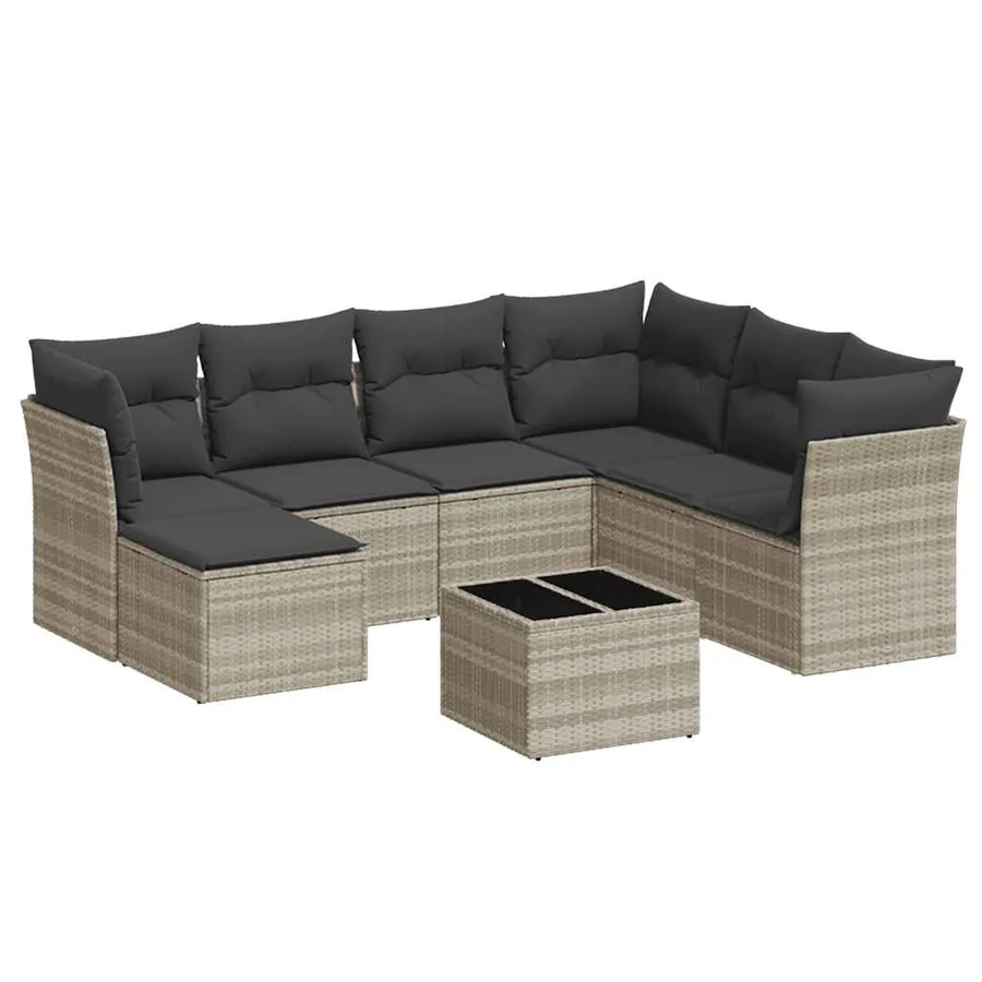 Salon de jardin 8 pcs avec coussins gris clair résine tressée - 2
