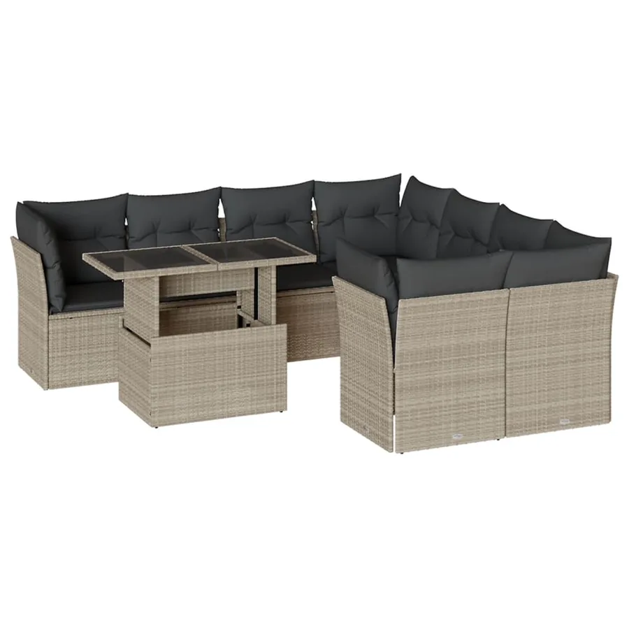 Salon de jardin 9 pcs avec coussins gris clair résine tressée - 2