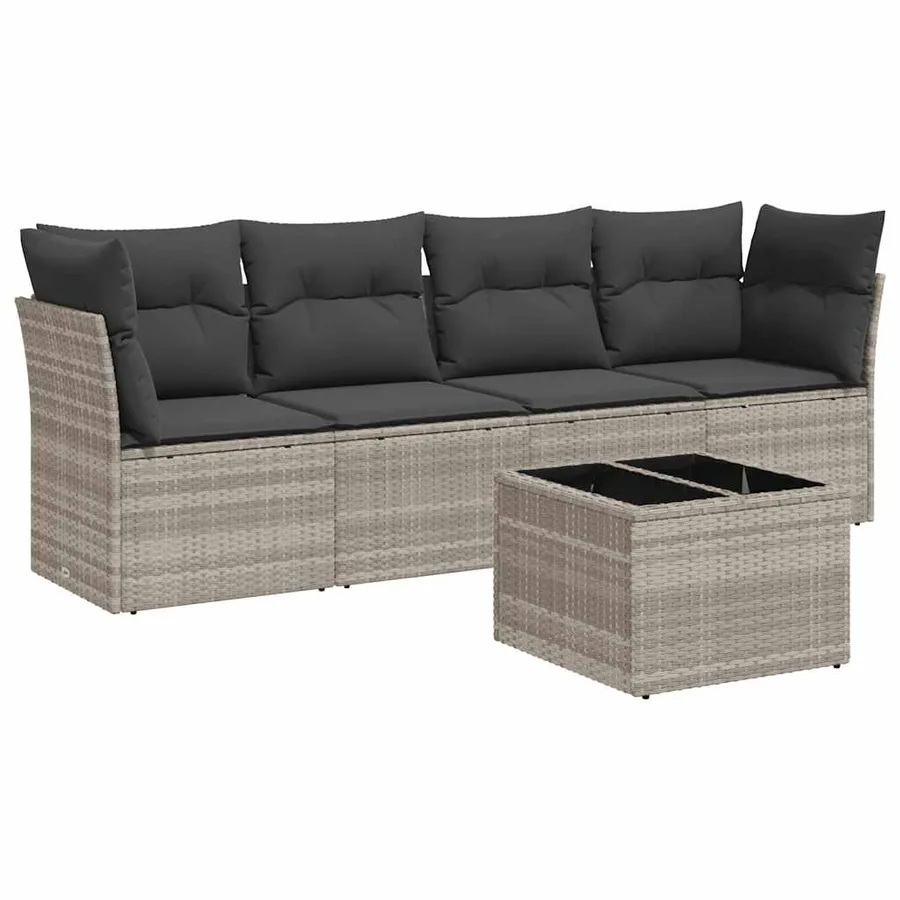 Salon de jardin 5 pcs avec coussins gris clair résine tressée - 2