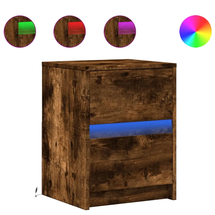 Armoires de chevet et lumières LED 2 pcs chêne fumé - 2