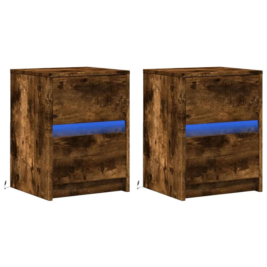 Armoires de chevet et lumières LED 2 pcs chêne fumé - 3