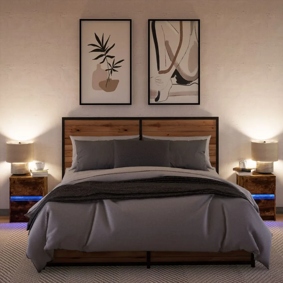 Armoires de chevet et lumières LED 2 pcs chêne fumé - 5