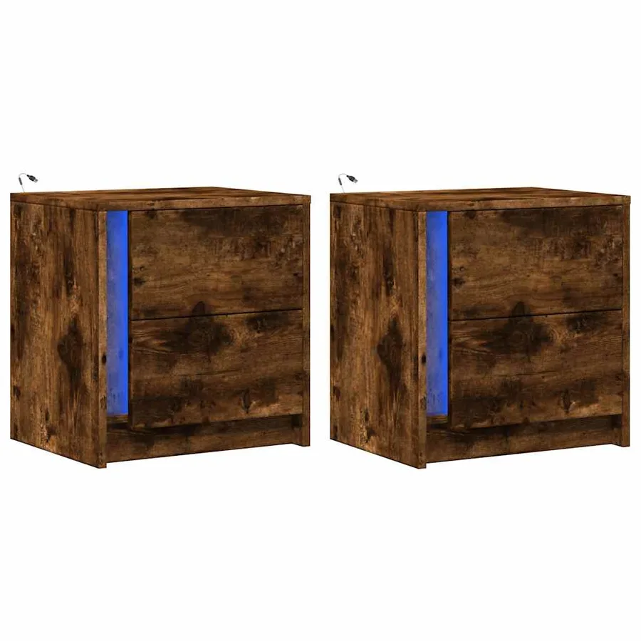 Armoires de chevet et lumières LED 2 pcs chêne fumé - 3