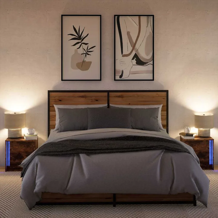 Armoires de chevet et lumières LED 2 pcs chêne fumé - 5