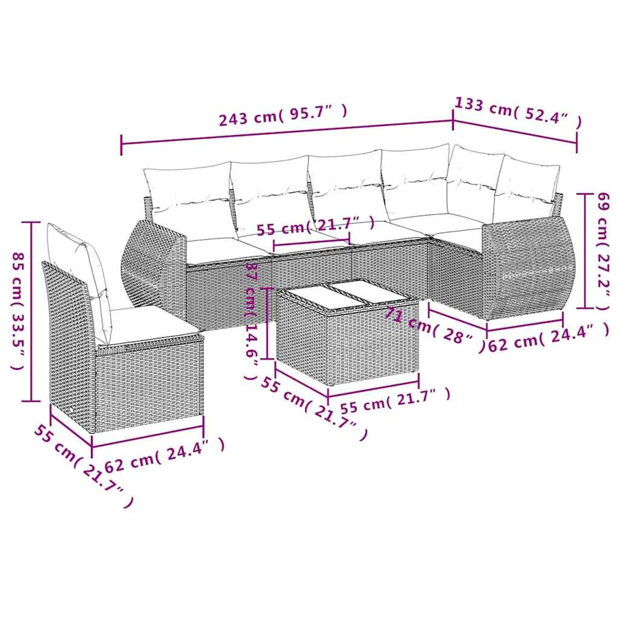 Salon de jardin avec coussins 7 pcs gris clair résine tressée - 8
