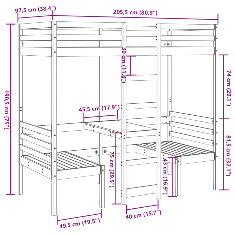 Lit mezzanine avec bureau et chaises brun cire 90x200 cm pin - 10