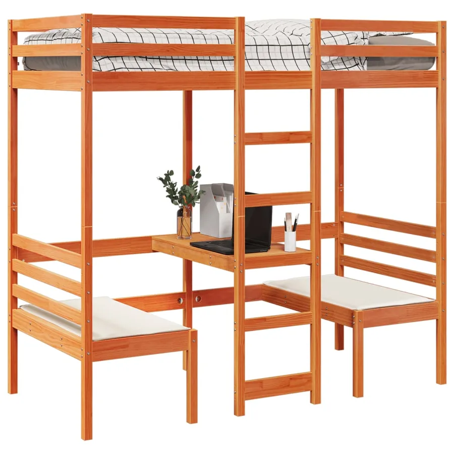 Lit mezzanine avec bureau et chaises brun cire 90x200 cm pin - 4