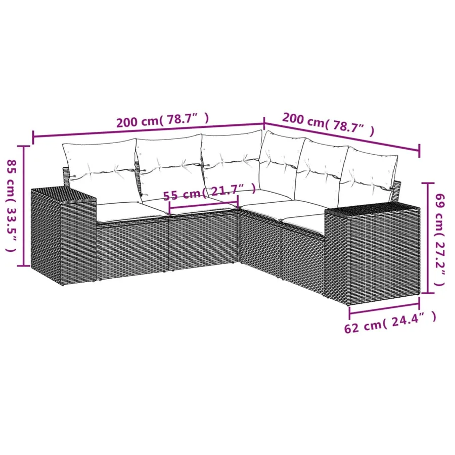 Salon de jardin 5 pcs avec coussins gris clair résine tressée - 3