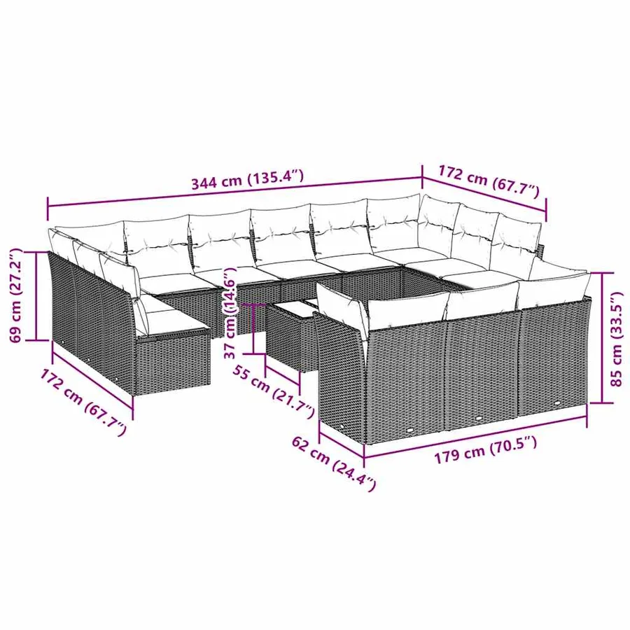 Salon de jardin avec coussins 14 pcs gris clair résine tressée - 3