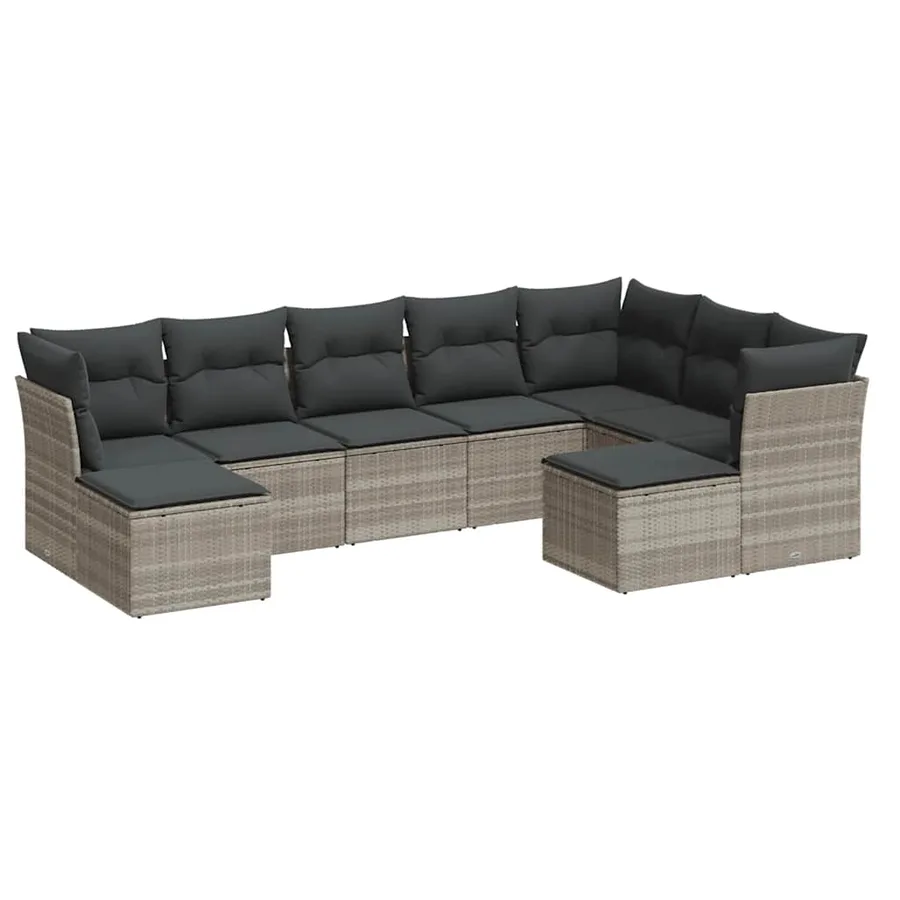 Salon de jardin 9 pcs avec coussins gris clair résine tressée - 2