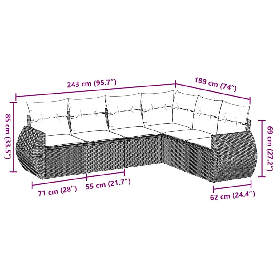Salon de jardin 6 pcs avec coussins gris clair résine tressée - 3