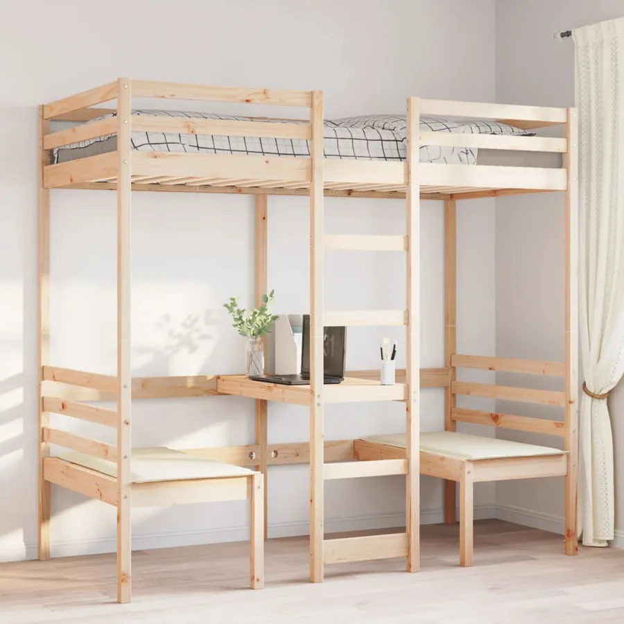 Lit mezzanine avec bureau et chaises 75x190 cm pin massif - 3