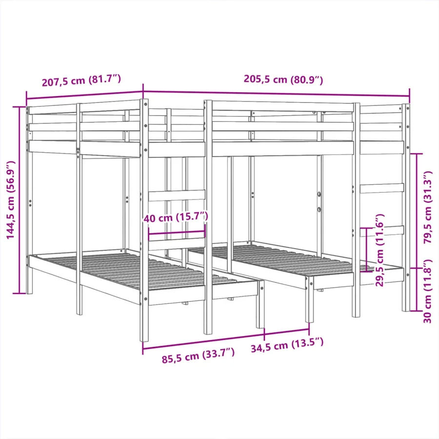 Lit superposé triple 200x200/80x200 cm bois de pin massif - 10