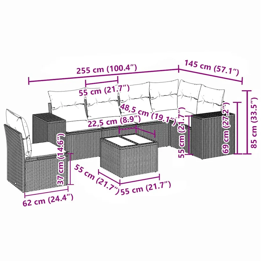 Salon de jardin avec coussins 7 pcs gris clair résine tressée - 8