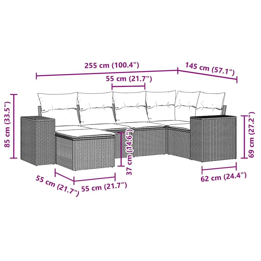 Salon de jardin 6 pcs avec coussins gris clair résine tressée - 8