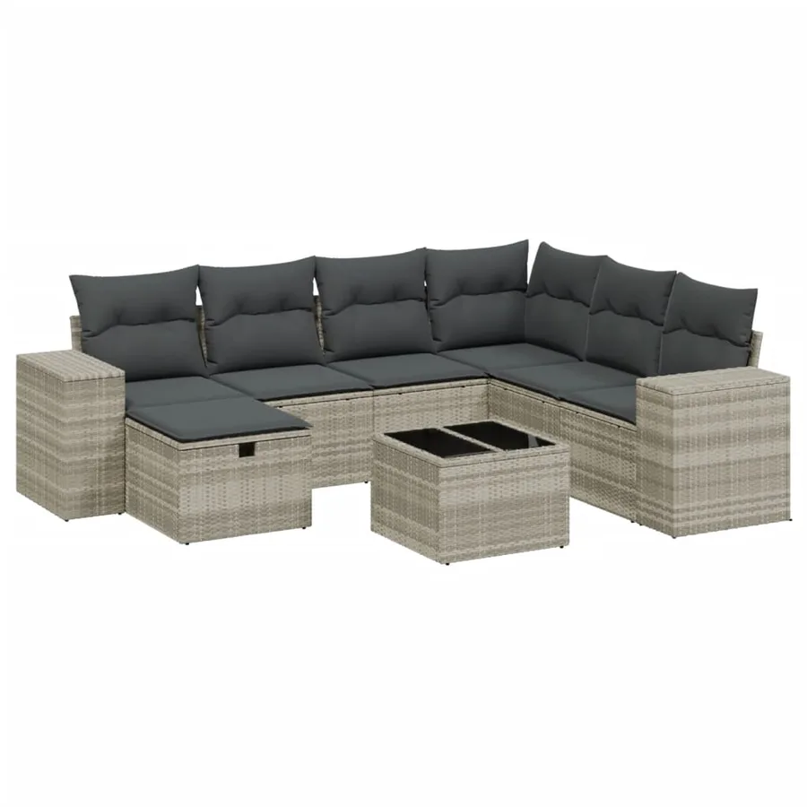 Salon de jardin 8 pcs avec coussins gris clair résine tressée - 2