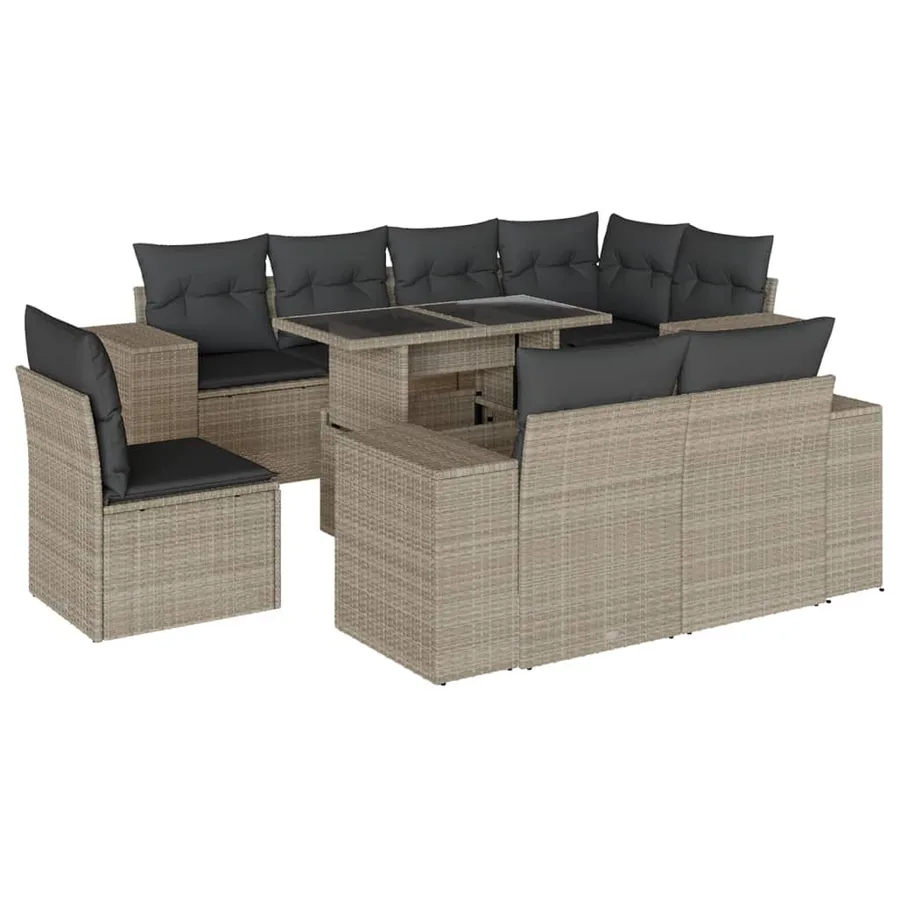 Salon de jardin 9 pcs avec coussins gris clair résine tressée - 2
