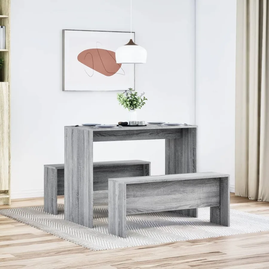 Ensemble table à manger et bancs 3 pcs bois d'ingénierie - 3