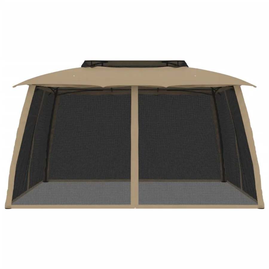 Tonnelle avec double toit et parois en filet taupe acier - 3