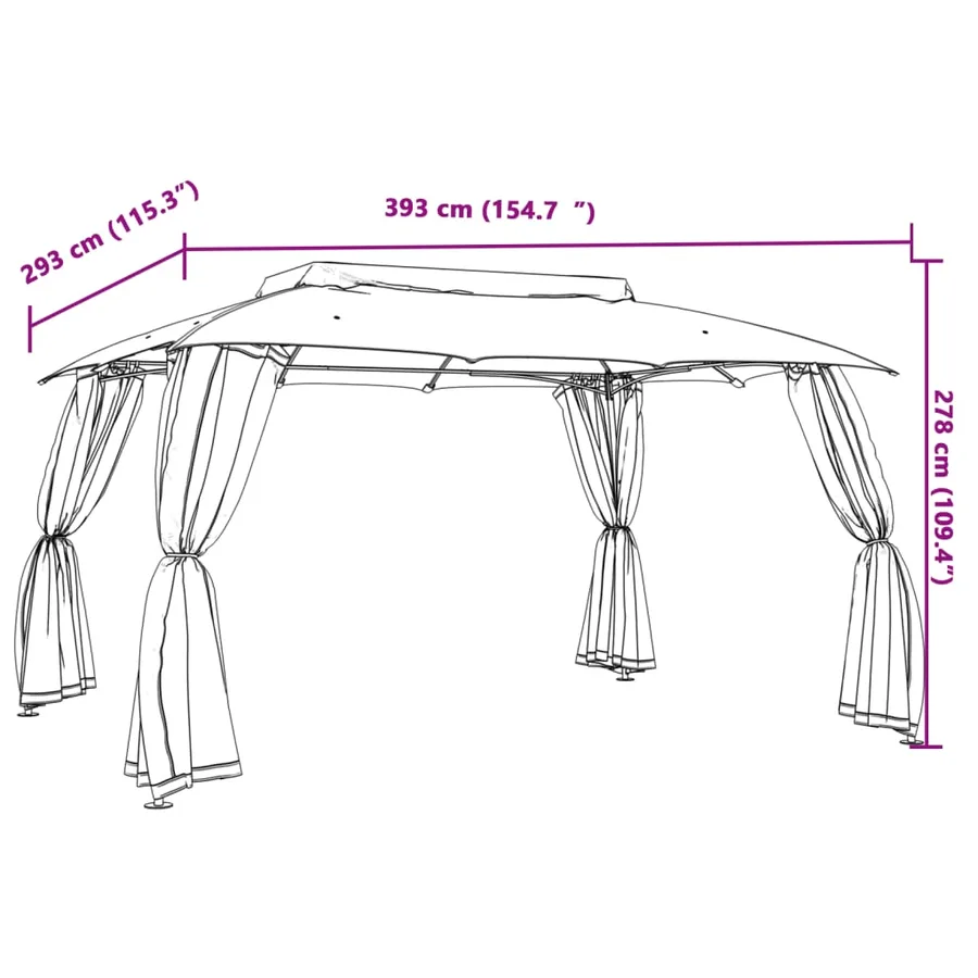 Tonnelle avec double toit et parois en filet taupe acier - 9