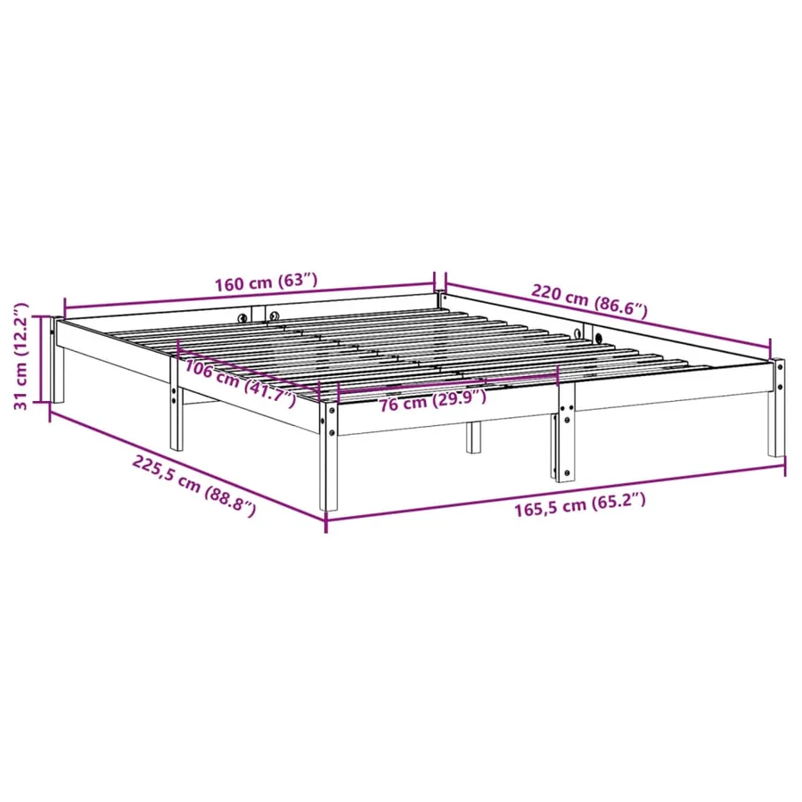 Cadre de lit extra long sans matelas 160x220 cm bois massif pin - 9