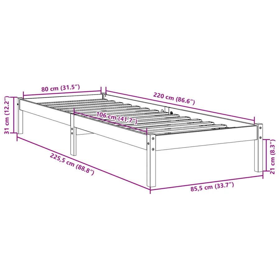 Cadre de lit extra long sans matelas 80x220 cm bois massif pin - 9