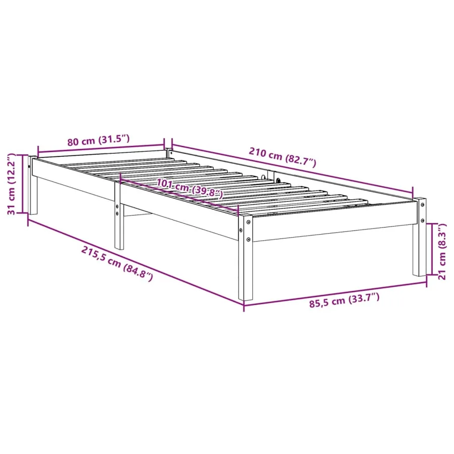 Cadre de lit extra long sans matelas 80x210 cm bois massif pin - 9