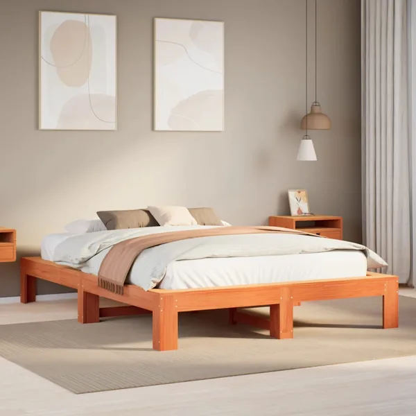 Cadre de lit sans matelas cire marron 150x200cm bois pin massif