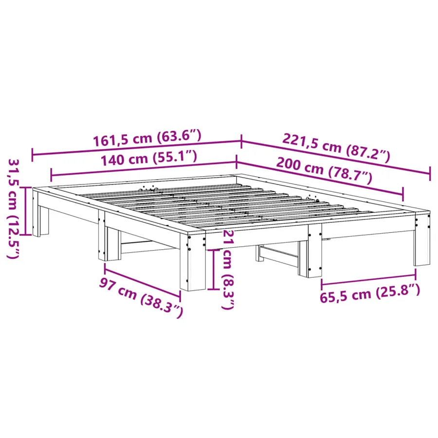 Cadre de lit sans matelas cire marron 140x200cm bois pin massif - 8