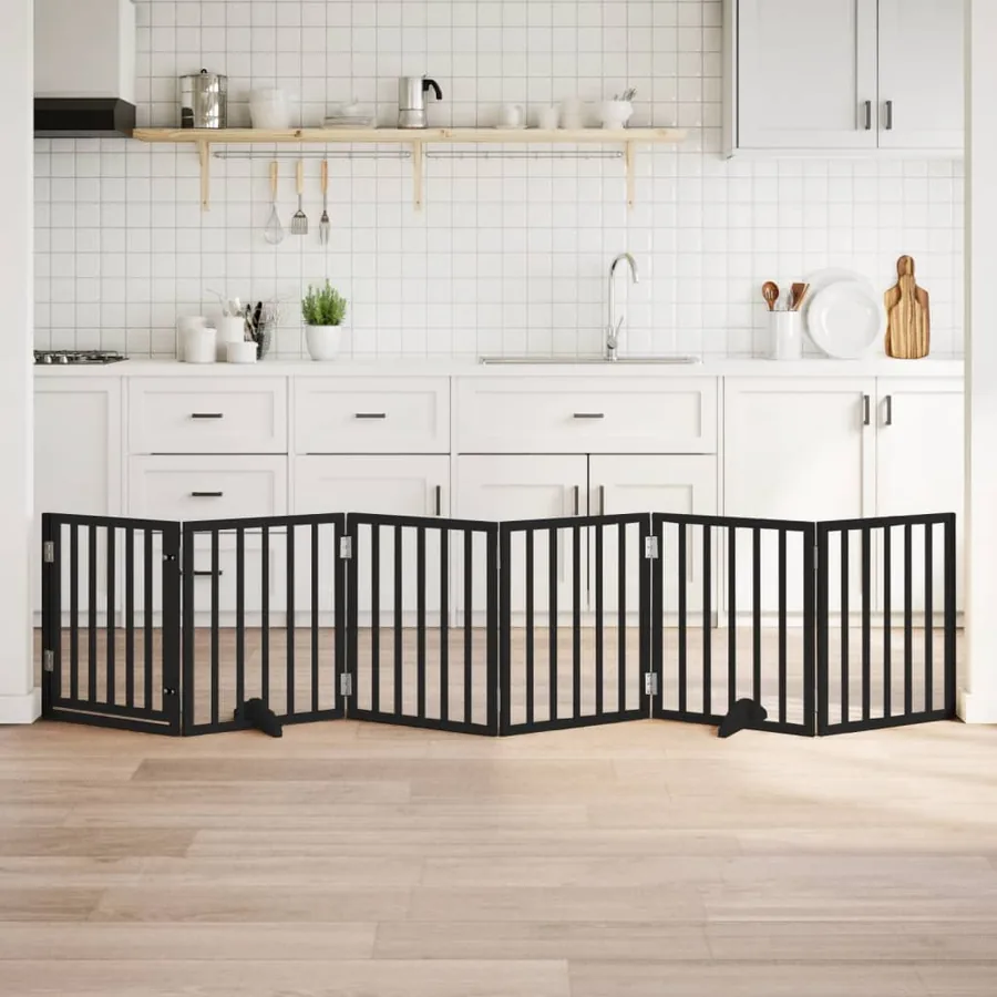 Barrière pour chiens et porte 6 panneaux noir bois de peuplier